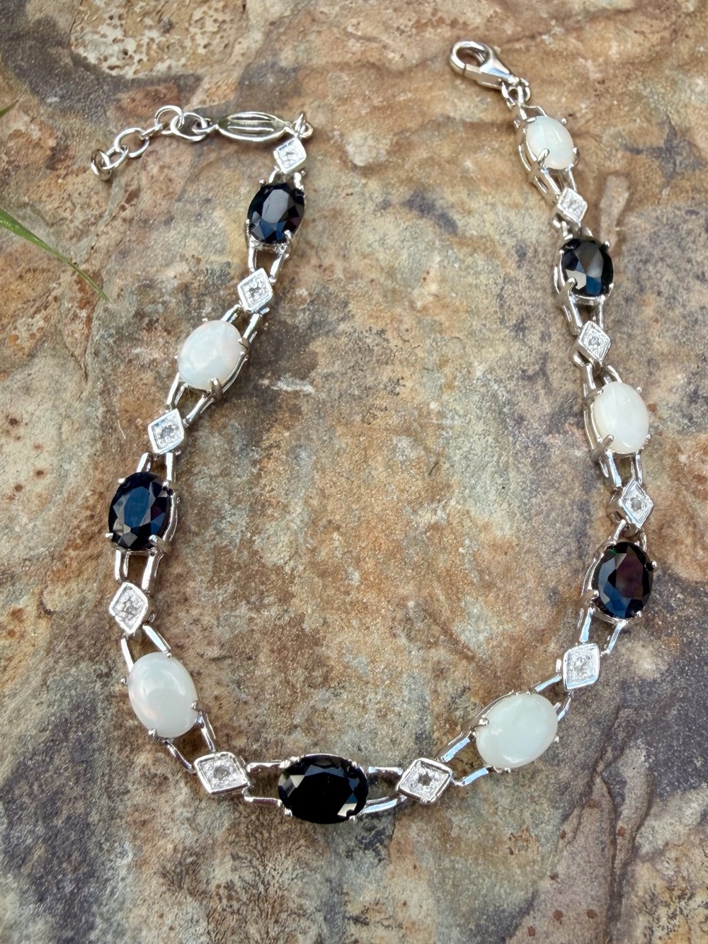 AAA Black Sapphire Opal Diamond Sterling Silver Bracelet 7.75”